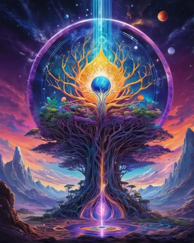 colorful tree of life,tree of life,magic tree,flourishing tree,sacred fig,earth chakra,celtic tree,wondertree,crown chakra,astral traveler,bodhi tree,mother earth,the branches of the tree,fantasy picture,tree torch,connectedness,mysticism,enlightenment,metatron's cube,psychedelic art,Illustration,Realistic Fantasy,Realistic Fantasy 20