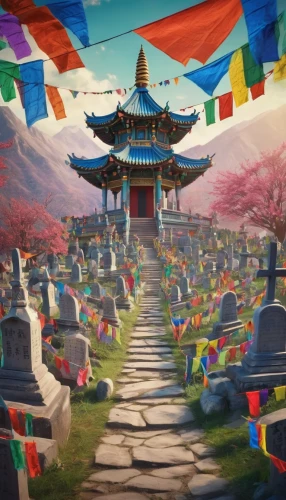buddhist temple,chinese temple,hall of supreme harmony,day of the dead frame,淡島神社,tibetan prayer flags,korean folk village,japanese shrine,buddhist hell,hanging temple,spring festival,chinese background,feng shui,temple fade,tibetan,pilgrimage,shrine,the festival of colors,korea,white temple,Illustration,Realistic Fantasy,Realistic Fantasy 02