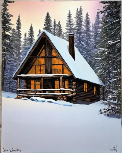 the cabin in the mountains,log cabin,winter house,small cabin,house in mountains,cottage,house in the mountains,mountain hut,summer cottage,house in the forest,lodge,christmas landscape,snow house,lonely house,cabin,holiday home,alpine hut,log home,snow scene,snow shelter,Illustration,Paper based,Paper Based 06