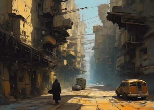 narrow street,alleyway,world digital painting,slums,souk,street canyon,ancient city,alley,city scape,cityscape,the street,riad,cairo,street scene,damascus,post-apocalyptic landscape,urbanization,urban landscape,old city,digital painting,Conceptual Art,Sci-Fi,Sci-Fi 01