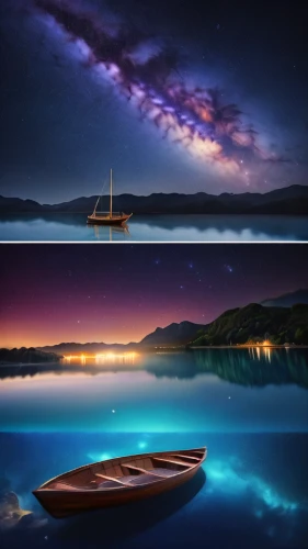 day and night,photo manipulation,boat landscape,night sky,sky space concept,space art,astronomy,fantasy landscape,different galaxies,nightsky,sailing blue purple,futuristic landscape,milky way,the milky way,digital compositing,milkyway,the night sky,photoshop manipulation,photomanipulation,heaven lake,Photography,General,Commercial