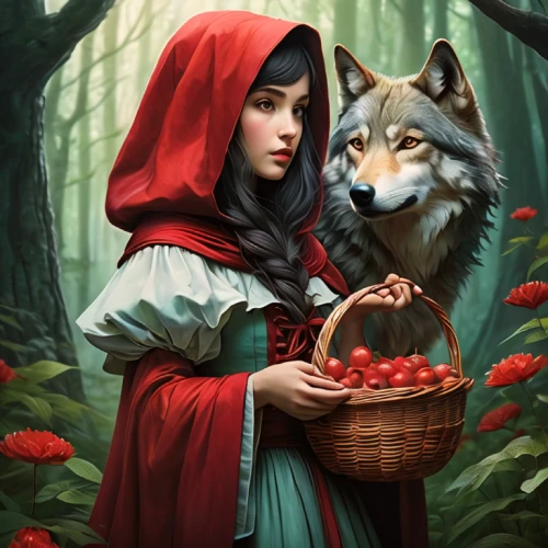 red riding hood,little red riding hood,basket of apples,wolf couple,red berries,fantasy picture,two wolves,fantasy portrait,fairy tale icons,way of the roses,red roses,fantasy art,red coat,red wolf,red apples,girl with dog,scent of roses,with roses,fairy tale,flower delivery