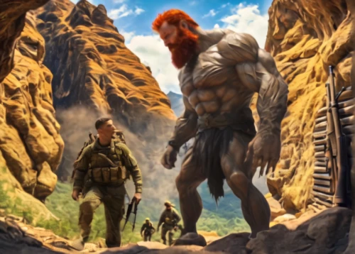 guards of the canyon,fallen giants valley,sci fiction illustration,heroic fantasy,neo-stone age,neanderthals,size comparison,concept art,kong,wall,ark,game illustration,background image,fantasy picture,travelers,giant,stone age,giant schirmling,timna park,cave man