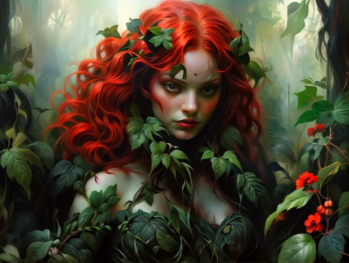 poison ivy,dryad,faery,fae,background ivy,forest clover,faerie,undergrowth,red-haired,elven flower,rusalka,flora,ivy,the enchantress,fantasy portrait,thorns,red berries,fantasy art,coral bells,forest flower