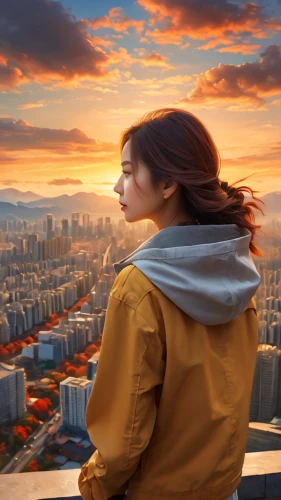 world digital painting,photo manipulation,digital compositing,woman thinking,city ​​portrait,photoshop manipulation,landscape background,sci fiction illustration,above the city,portrait background,yellow sky,photomanipulation,full hd wallpaper,image manipulation,digital painting,city view,girl in a long,orange sky,cityscape,cg artwork,Photography,General,Natural