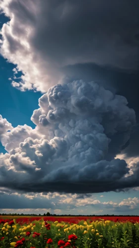 thunderclouds,towering cumulus clouds observed,thunderheads,thunderhead,thundercloud,storm clouds,cumulonimbus,mushroom landscape,a thunderstorm cell,mammatus cloud,raincloud,blanket of flowers,blooming field,flower field,mammatus,splendor of flowers,cloud mushroom,mammatus clouds,red poppies,poppy fields,Photography,General,Fantasy