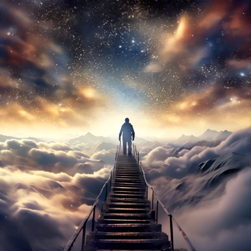 heavenly ladder,stairway to heaven,heaven gate,jacob's ladder,the mystical path,ascending,astral traveler,photo manipulation,fantasy picture,the universe,road of the impossible,sci fiction illustration,the path,photomanipulation,eternity,ascension,descent,towards the top of man,universe,upwards