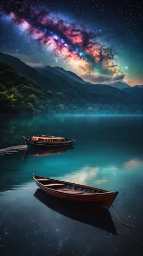 boat landscape,astronomy,fantasy landscape,milky way,milkyway,heaven lake,rainbow and stars,night sky,beautiful lake,the milky way,colorful stars,fantasy picture,evening lake,nightsky,the night sky,nightscape,futuristic landscape,space art,nothern lights,floating over lake,Photography,General,Fantasy