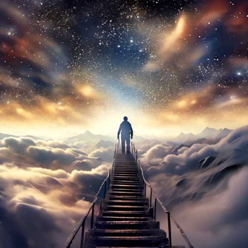 heavenly ladder,stairway to heaven,heaven gate,jacob's ladder,the mystical path,ascending,astral traveler,sci fiction illustration,the universe,photo manipulation,fantasy picture,road of the impossible,the path,universe,eternity,ascension,photomanipulation,astronomer,descent,towards the top of man