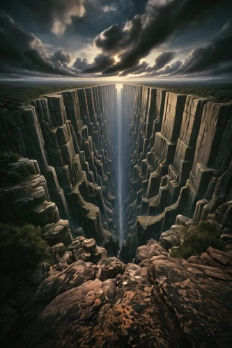 chasm,crevasse,parallel worlds,wasserfall,virtual landscape,heaven gate,tower fall,parallel world,basalt columns,descent,the pillar of light,photomanipulation,aerial landscape,heavenly ladder,geological phenomenon,the grave in the earth,take-off of a cliff,water fall,photo manipulation,fantasy landscape
