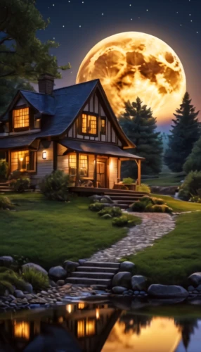 moonlit night,home landscape,full moon,beautiful home,moonrise,moonlit,fantasy picture,the cabin in the mountains,moonshine,log home,big moon,landscape background,moon at night,wooden house,super moon,summer cottage,lonely house,house in mountains,moon night,hanging moon
