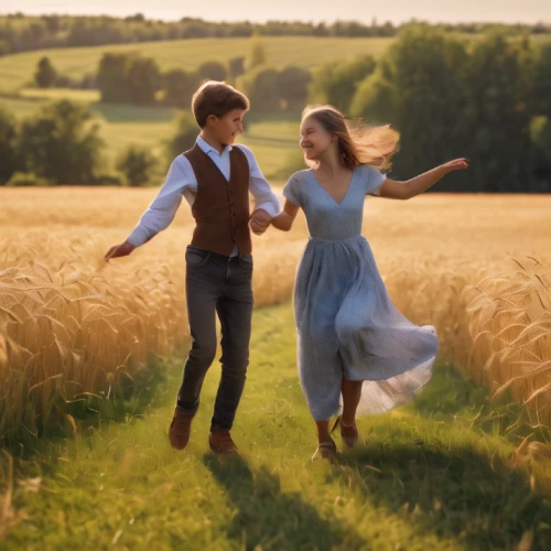 vintage boy and girl,meadow play,girl and boy outdoor,country-western dance,country dress,sound of music,meadow,flightless bird,romantic scene,idyll,dancing couple,courtship,frolicking,land love,in the tall grass,a fairy tale,vintage man and woman,spring awakening,straw field,square dance,Photography,General,Natural