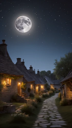 fantasy picture,night scene,moonlit night,fantasy landscape,the night of kupala,home landscape,moonshine,hobbiton,world digital painting,moonlit,knight village,aurora village,fantasy art,ancient house,night image,witch's house,korean folk village,moon night,moonlight,herfstanemoon,Photography,General,Natural