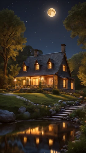 home landscape,moonlit night,summer cottage,house in the forest,cottage,lonely house,country cottage,beautiful home,world digital painting,country house,night scene,the cabin in the mountains,house in mountains,little house,moonlit,fantasy picture,house in the mountains,fantasy landscape,traditional house,witch's house,Photography,General,Natural