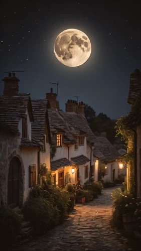 moonlit night,night scene,fantasy picture,moonlit,witch's house,night image,landscape lighting,moon at night,world digital painting,big moon,moonshine,moon night,houses clipart,super moon,hanging moon,moonlight,home landscape,lonely house,full moon,the night of kupala,Photography,General,Cinematic