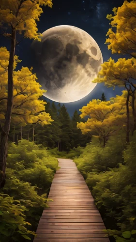 moonlit night,wooden path,cartoon video game background,landscape background,lunar landscape,world digital painting,moonlit,the mystical path,fantasy picture,wooden bridge,forest path,moonscape,the path,moonrise,fantasy landscape,pathway,hanging moon,tree lined path,moon walk,full moon,Photography,General,Natural
