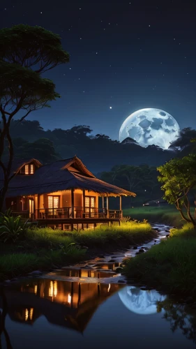 moonlit night,home landscape,moonlit,night scene,landscape background,beautiful home,moonrise,moonlight,world digital painting,japan's three great night views,romantic night,evening atmosphere,romantic scene,tranquility,tree house hotel,landscape lighting,moon at night,tropical house,full hd wallpaper,moonshine,Photography,General,Natural