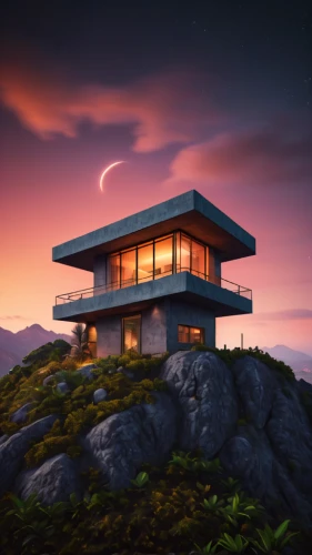 dunes house,modern house,blockhouse,lonely house,lookout tower,cubic house,modern architecture,futuristic landscape,mid century house,house in mountains,sky apartment,tropical house,dusk background,3d render,landscape background,sky space concept,digital compositing,roof landscape,house silhouette,cube house,Photography,General,Sci-Fi