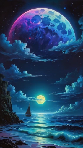 moon and star background,moonlit night,sea night,lunar landscape,fantasy landscape,blue moon,moonlit,ocean background,moonrise,fantasy picture,purple moon,sea landscape,moonlight,sailing blue purple,hanging moon,night sky,the endless sea,beach moonflower,ocean paradise,the night sky,Illustration,Realistic Fantasy,Realistic Fantasy 03