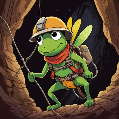 jiminy cricket,spring peeper,adventurer,caving,frog background,hiker,frog king,frog through,fly fishing,miner,mountain guide,explorer,wallace's flying frog,pubg mascot,adventure,rappelling,forest workers,raphael,running frog,game illustration,Illustration,Paper based,Paper Based 27