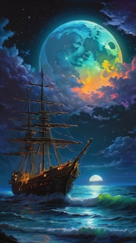 sea sailing ship,galleon ship,sailing ship,sea fantasy,sail ship,sailing ships,galleon,fantasy picture,pirate ship,ghost ship,sailing vessel,tallship,three masted sailing ship,full-rigged ship,sailing blue purple,sailing boat,east indiaman,caravel,moon and star background,sailing-boat,Illustration,Realistic Fantasy,Realistic Fantasy 03