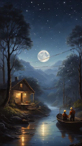 night scene,moonlit night,fishing float,romantic scene,home landscape,romantic night,fantasy picture,landscape background,world digital painting,fishing camping,hanging moon,moonlit,moonlight,evening atmosphere,fantasy landscape,boat landscape,the night of kupala,canoeing,cottage,art painting,Photography,General,Natural