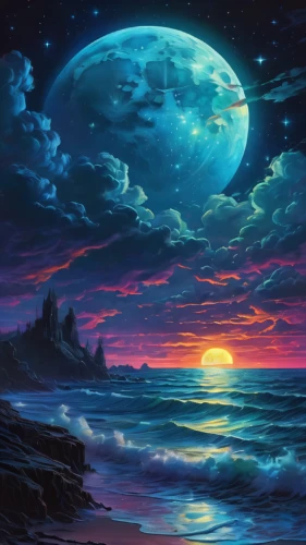 lunar landscape,sea landscape,sea night,fantasy landscape,ocean background,moonscape,blue moon,moonlit night,ocean paradise,seascape,coastal landscape,fantasy picture,the endless sea,moonrise,landscape background,moon and star background,beach landscape,dark beach,ocean,an island far away landscape,Illustration,Realistic Fantasy,Realistic Fantasy 03