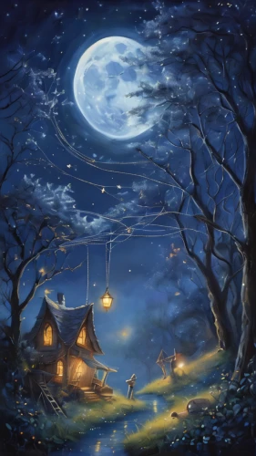 witch's house,moonlit night,witch house,night scene,fantasy picture,home landscape,halloween travel trailer,the haunted house,halloween background,lonely house,house in the forest,moonlit,halloween illustration,halloween scene,halloween poster,haunted house,houses clipart,little house,children's background,blue moon,Illustration,Realistic Fantasy,Realistic Fantasy 02