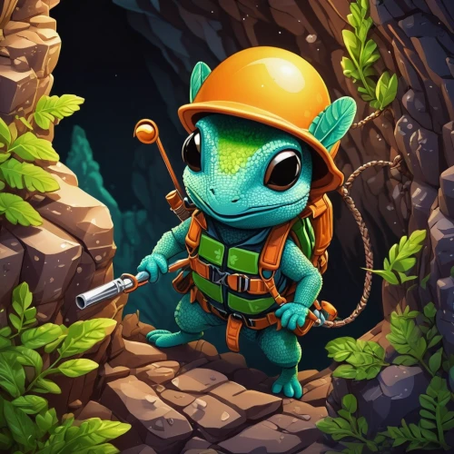 adventurer,climbing salamander,scandia gnome,game illustration,miner,frog background,fish-surgeon,wonder gecko,aquanaut,mole salamander,jiminy cricket,explorer,mountain guide,kobold,builder,plumber,mining,malagasy taggecko,leonardo,moray,Unique,3D,Isometric