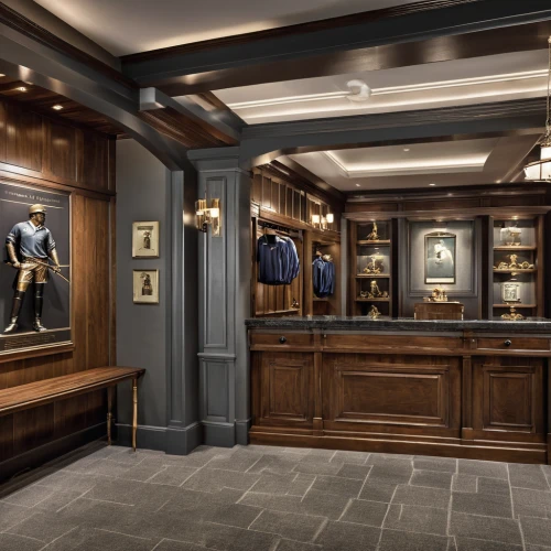 walk-in closet,billiard room,jewelry store,cabinetry,lobby,concierge,luxury home interior,interior design,gold bar shop,search interior solutions,boutique,liquor bar,entrance hall,men's wear,hallway,dark cabinetry,brandy shop,storefront,ovitt store,assay office,Photography,General,Realistic