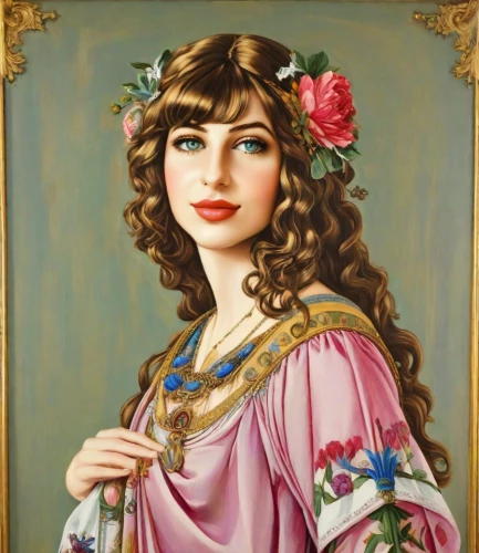 la violetta,portrait of a girl,cepora judith,lacerta,miss circassian,assyrian,portrait of christi,artemisia,khokhloma painting,iranian,portrait of a woman,apulia,bella rosa,angelica,dulzaina,young woman,radha,girl in a wreath,vintage female portrait,persian