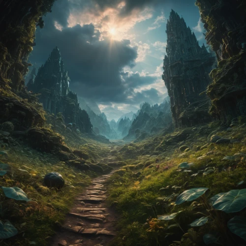 fantasy landscape,the mystical path,hollow way,fantasy picture,the path,heaven gate,hiking path,pathway,fantasy art,valley of desolation,world digital painting,threshold,forest path,landscape background,road of the impossible,3d fantasy,karst landscape,path,elven forest,virtual landscape,Photography,General,Fantasy