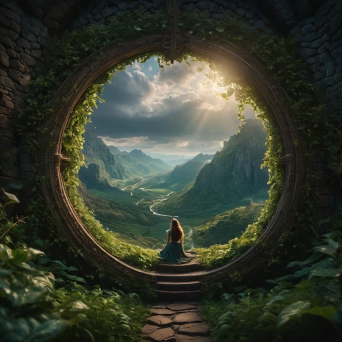 hobbiton,fantasy picture,hobbit,fantasy landscape,window to the world,3d fantasy,dream world,wonderland,heaven gate,fantasy world,the mystical path,alice in wonderland,a fairy tale,fairy tale,fairy door,labyrinth,jrr tolkien,fairytale,magical adventure,fairytales,Photography,General,Fantasy