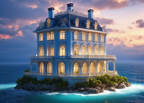 house of the sea,water castle,fairytale castle,fairy tale castle,luxury property,house by the water,luxury hotel,luxury real estate,treasure house,beachhouse,lighthouse,gold castle,floating island,grand hotel,electric lighthouse,ghost castle,beach house,chateau,sea fantasy,cube house,Photography,General,Realistic