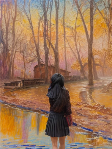 girl on the river,girl walking away,girl with tree,the blonde in the river,autumn landscape,girl in a long,oil painting on canvas,oil painting,woman walking,girl with bread-and-butter,autumn background,one autumn afternoon,photo painting,fall landscape,in the autumn,autumn morning,the autumn,autumn day,autumn walk,autumn scenery