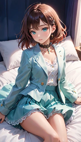 euphonium,mikuru asahina,miku maekawa,cyan,lying down,blue pillow,kotobukiya,bed,honmei choco,sleeping rose,cloth doll,cocoa,futon,miku,female doll,piko,anime japanese clothing,dress doll,blue room,azalea,Anime,Anime,Realistic