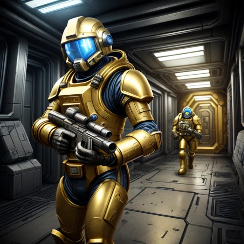 c-3po,droids,cg artwork,droid,sci fi,storm troops,dark blue and gold,kosmus,sci-fi,sci - fi,sci fiction illustration,metallic door,yellow-gold,scifi,infiltrator,action-adventure game,patrols,gold bars,star wars,starwars