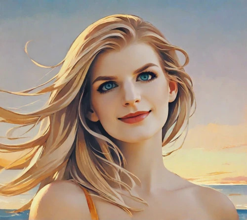 blonde woman,beach background,elsa,photo painting,portrait background,romantic portrait,aphrodite,the blonde in the river,beautiful woman,digital painting,world digital painting,fantasy portrait,blonde girl,brittany,symetra,radiant,surfer hair,oil painting,luminous,blond girl