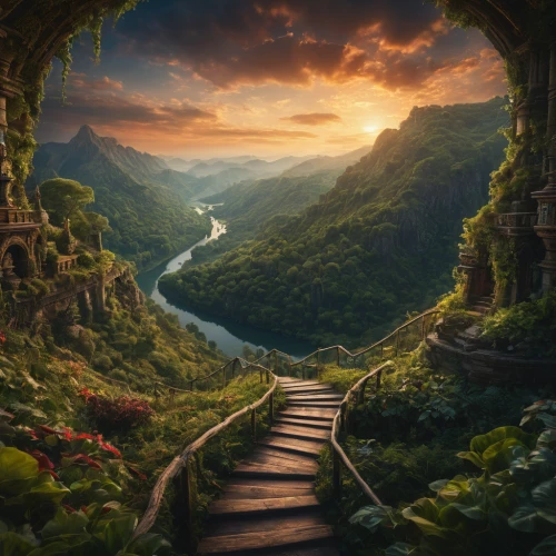 fantasy landscape,fantasy picture,the mystical path,3d fantasy,heaven gate,dragon bridge,fantasy art,fantasy world,hiking path,mountain world,the valley of the,landscape background,magical adventure,hobbit,world digital painting,landscapes beautiful,road of the impossible,fairy world,winding steps,fairytale,Photography,General,Fantasy