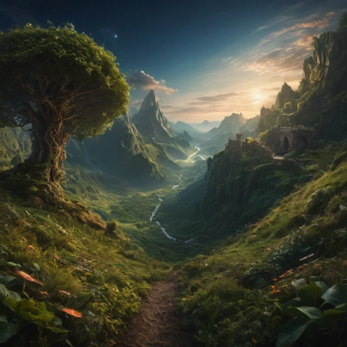 fantasy landscape,fantasy picture,the mystical path,hiking path,fantasy art,3d fantasy,the path,world digital painting,pathway,forest path,landscape background,elven forest,mountain world,mountain landscape,nature landscape,forest landscape,mountainous landscape,fantasy world,landscapes,cartoon video game background,Photography,General,Fantasy
