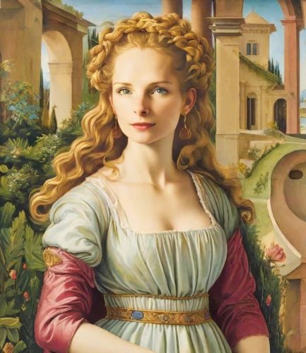 emile vernon,portrait of a girl,portrait of a woman,girl in the garden,woman holding pie,young woman,romantic portrait,botticelli,la violetta,merida,leonardo da vinci,lacerta,girl with cloth,renaissance,portrait of christi,woman with ice-cream,girl in a historic way,girl with bread-and-butter,rapunzel,venus