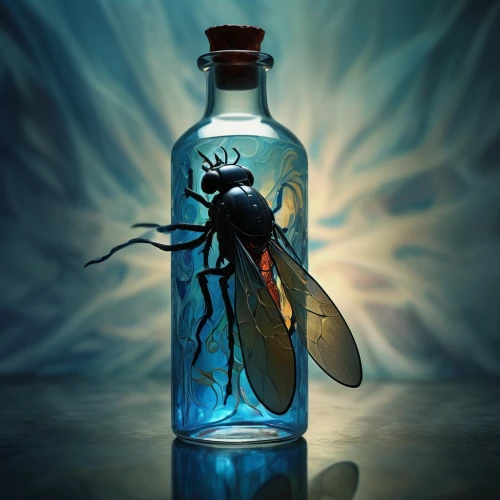 poison bottle,blue-winged wasteland insect,insecticide,malaria,blue butterfly background,firefly,artificial fly,blue butterfly,bluebottle,entomology,mosquitoe,transfusion,dengue,black fly,housefly,drosophila,bioluminescence,message in a bottle,mayflies,cicada,Conceptual Art,Fantasy,Fantasy 01