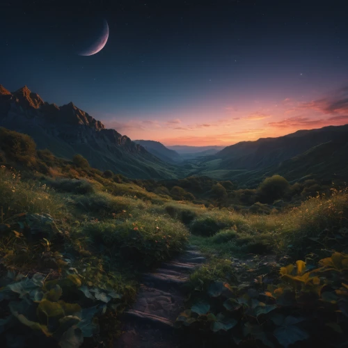 fantasy landscape,the mystical path,mountain sunrise,nature landscape,beautiful landscape,landscape background,mountain landscape,landscapes beautiful,mountainous landscape,moonscape,moonrise,valley of the moon,fantasy picture,before the dawn,hiking path,lunar landscape,landscape nature,before dawn,the path,the way of nature,Photography,General,Fantasy