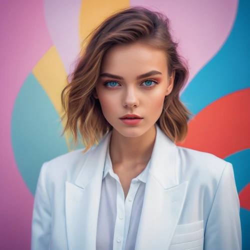 colorful background,portrait background,colorful,heterochromia,girl portrait,model beauty,girl on a white background,fashion vector,pink background,portrait of a girl,white coat,pastel colors,sofia,blazer,color pencil,color background,young woman,art model,colourful,pretty young woman,Photography,General,Realistic
