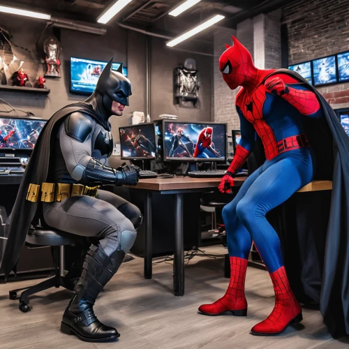 crime fighting,spider network,video consoles,home theater system,community connection,mac pro and pro display xdr,the suit,superheroes,trading floor,coworking,digital compositing,comic characters,web developer,computer store,web designer,suit actor,digital cinema,connection technology,a meeting,video conference,Photography,General,Realistic