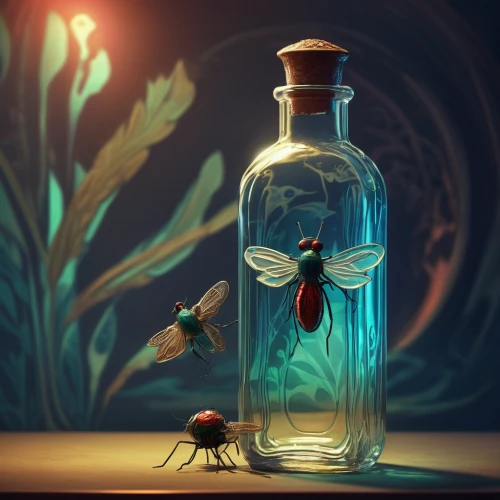 fireflies,poison bottle,sci fiction illustration,insects,message in a bottle,delicate insect,artificial fly,insecticide,entomology,jewel beetles,firefly,jewel bugs,game illustration,dragonflies and damseflies,butterfly isolated,flying insect,blue wooden bee,lucky bug,drosophila,insect box,Conceptual Art,Fantasy,Fantasy 01
