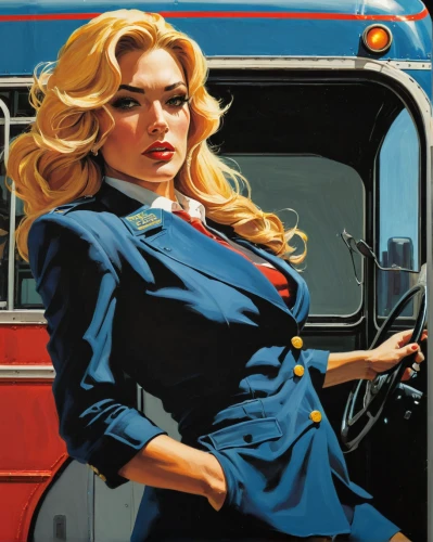 the girl at the station,retro women,retro woman,woman fire fighter,policewoman,stewardess,blonde woman,bussiness woman,red heart on railway,cigarette girl,cool pop art,red and blue heart on railway,pin ups,bus driver,retro girl,femme fatale,pin-up girl,female doctor,pin up,retro pin up girl,Illustration,American Style,American Style 08