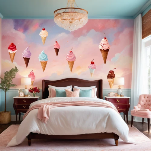 flower wall en,children's bedroom,the little girl's room,nursery decoration,valentine's day décor,wall decoration,baby room,kids room,painted wall,wall decor,wall paint,wall sticker,great room,decorates,sleeping room,canopy bed,wall plaster,wall painting,pink ice cream,children's room,Illustration,Realistic Fantasy,Realistic Fantasy 01