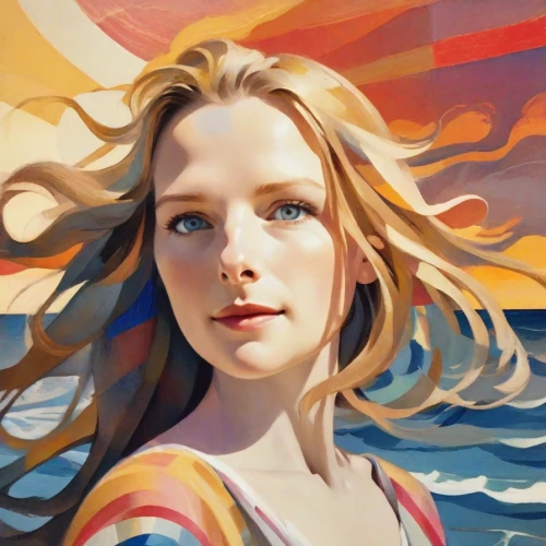 the blonde in the river,the wind from the sea,girl on the river,world digital painting,digital painting,portrait of a girl,girl portrait,girl on the dune,girl on the boat,blonde woman,cg artwork,ocean,sea,sea beach-marigold,siren,young woman,vector art,fantasy portrait,digital art,portrait background