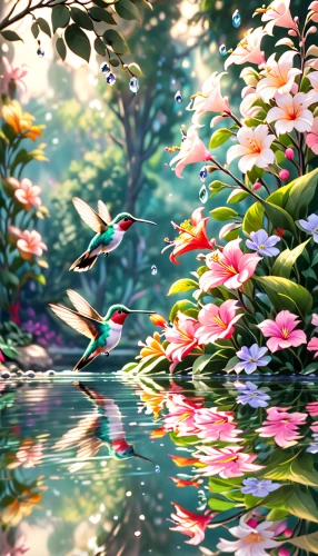 pond flower,tropical bloom,tropical floral background,tropical birds,flower water,lily pond,lilly pond,garden pond,japanese floral background,bird kingdom,tropical flowers,sea of flowers,pond,spring background,flower and bird illustration,koi pond,tropical bird,tropics,humming birds,virtual landscape,Anime,Anime,General